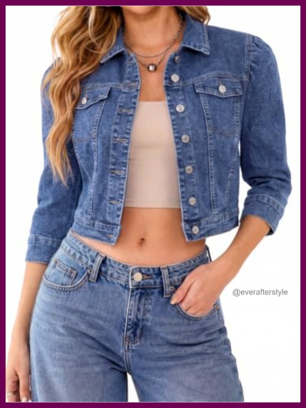 Crop Denim Jacket 3/4 Sleeve Button Down Slim Fit Short Jean Coat